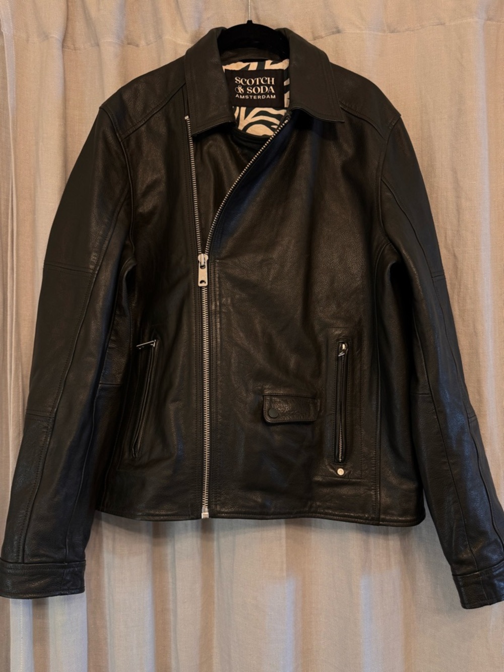 Scotch & Soda Black Cow Leather "Roadhouse Icon" Biker Jacket - Size M